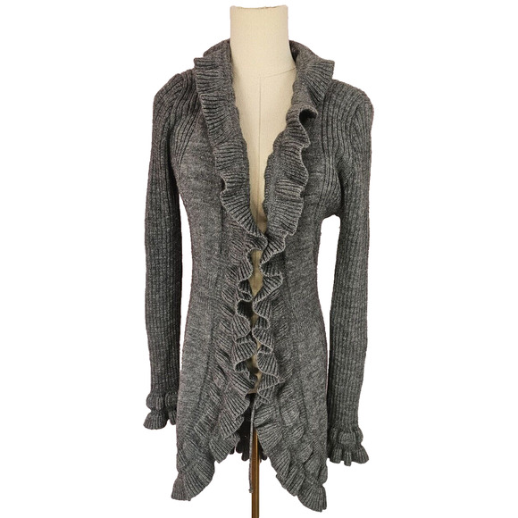 Elisabetta Italian Wool Blend‎ Ruffled Open Front Long Sweater Cardigan Gray Med - Picture 1 of 4